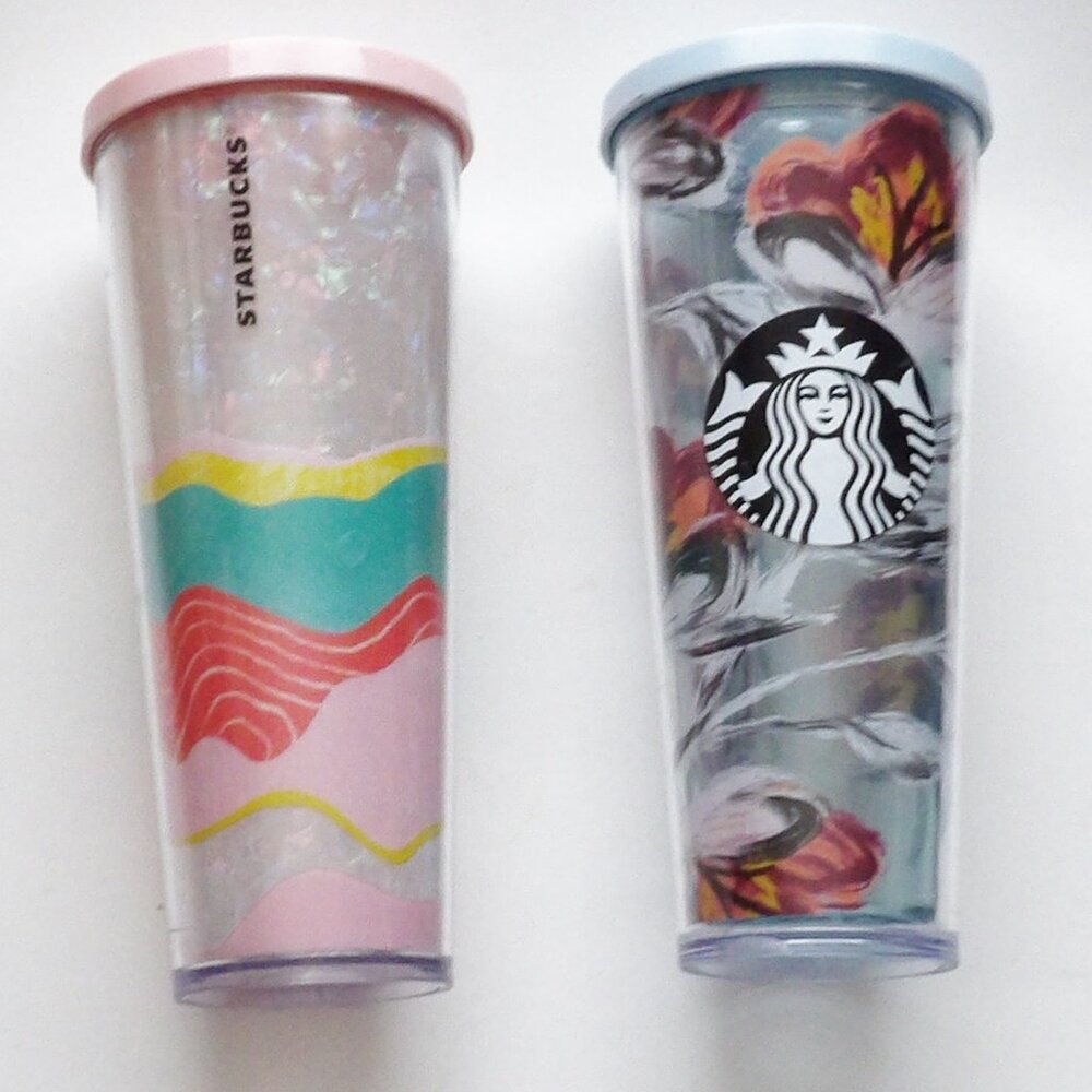 Starbucks Bundle of 2 Large Venti Tumblers 24 oz. No Straws 2019 Peony 2020 Wave - Picture 2 of 11